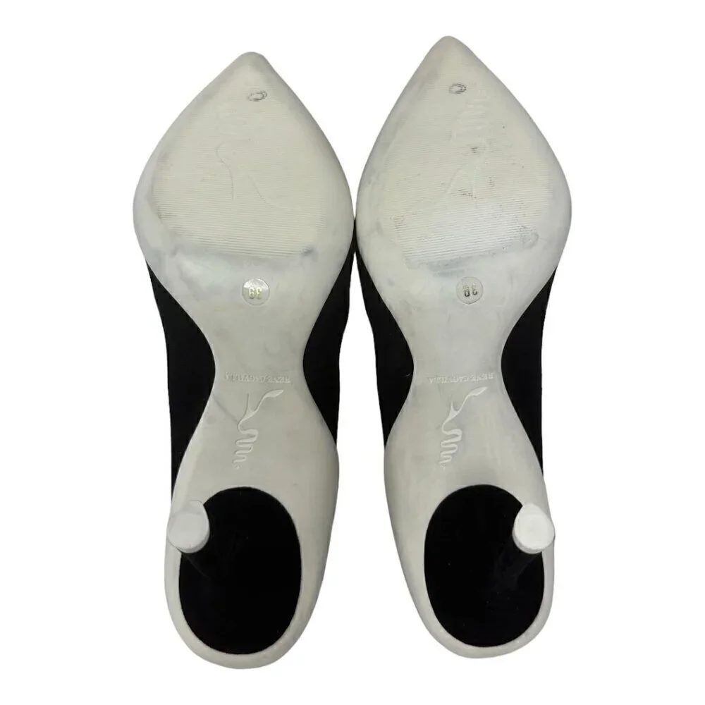 Rare Rene Caovilla Tessa Black Suede Scalloped Edges Pointed Toe Heels Pumps 9